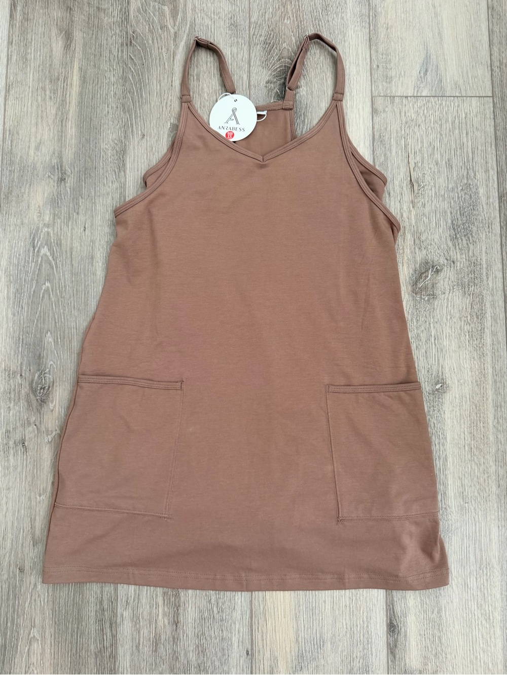 Anavess Women's Brown Sleeveless Pocket Dress